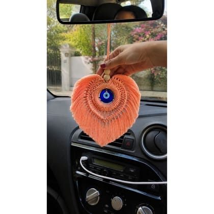 HANDMADE MACRAMÉ EVIL EYE HEART CAR CHARM – PEACH HANDMADE MACRAMÉ EVIL EYE HEART CAR CHARM – PEACH