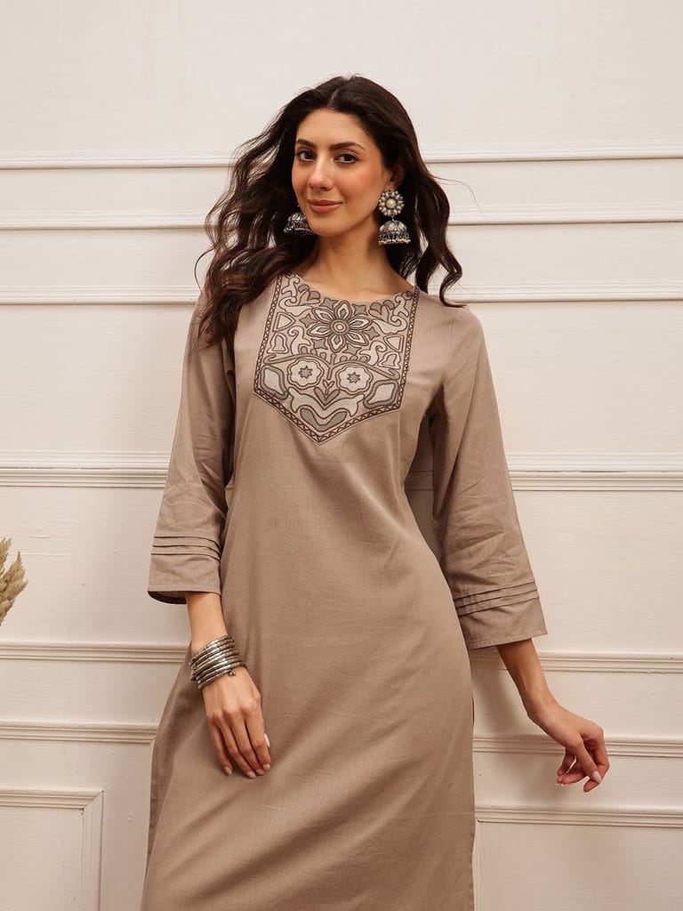 Sand Beige Embroidered Kurta - Kurtas & Kurta Sets | Buy online on ZillyBuy
