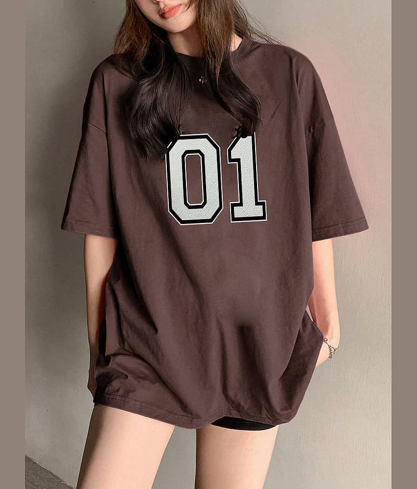 clafoutis Women Cotton Blend Printed Oversized Fit Round Neck T-Shirt ( Brown )