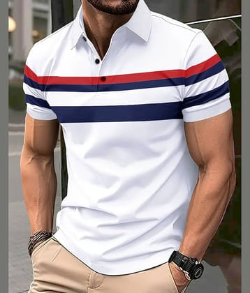 Eyebogler Men Cotton Blend Regular Fit Striped Polo T Shirt ( White )