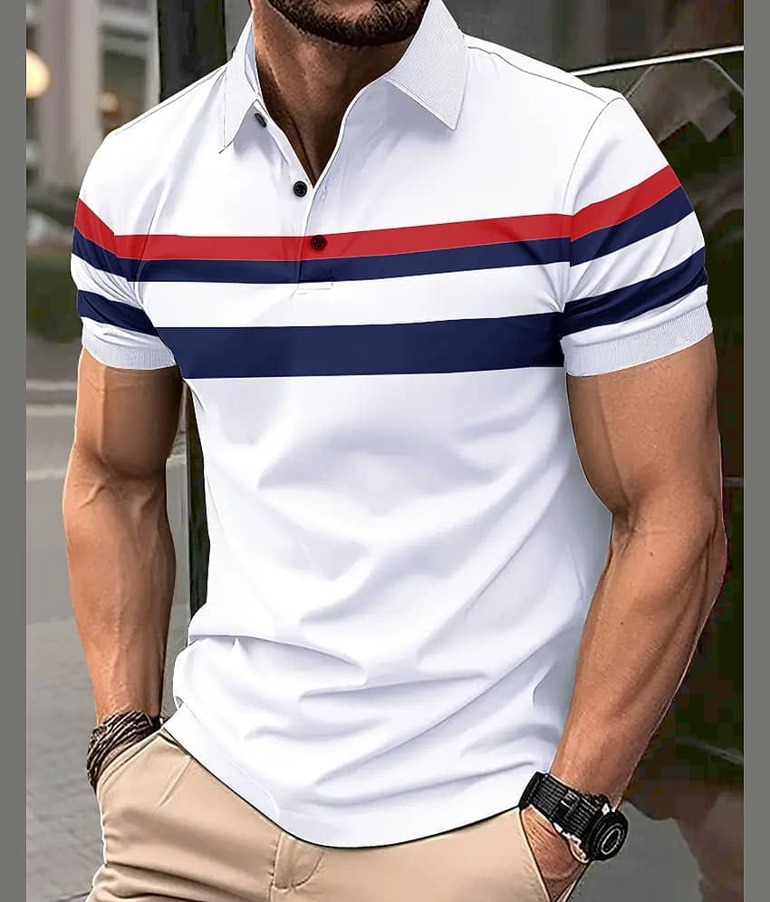 Eyebogler Men Cotton Blend Regular Fit Striped Polo T Shirt ( White )