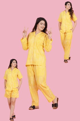 Sunshine Stripe: Yellow and White Print Combo Night Wear (Set of 2)-S / Yellow / 100% Cotton