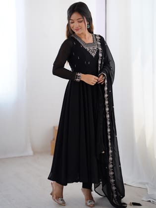 Soft Faux Georgette Black Beauty Anarkali Flair Party Wear Kurti Pant Dupatta Set (Ready to Wear)-S(36)