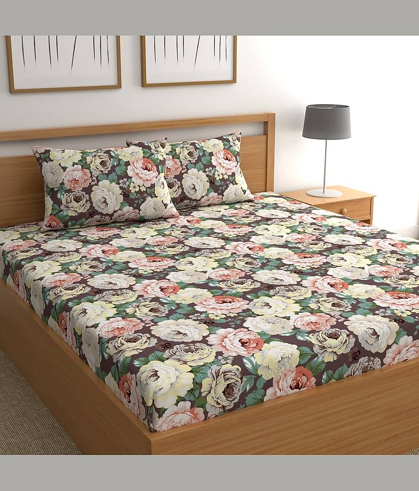 chhavi india Poly Cotton Floral Double Bedsheet with 2 Pillow Covers - Brown
