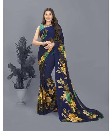 ANAND SAREES Georgette Printed Saree With Unstitched Blouse Piece ( Blue )