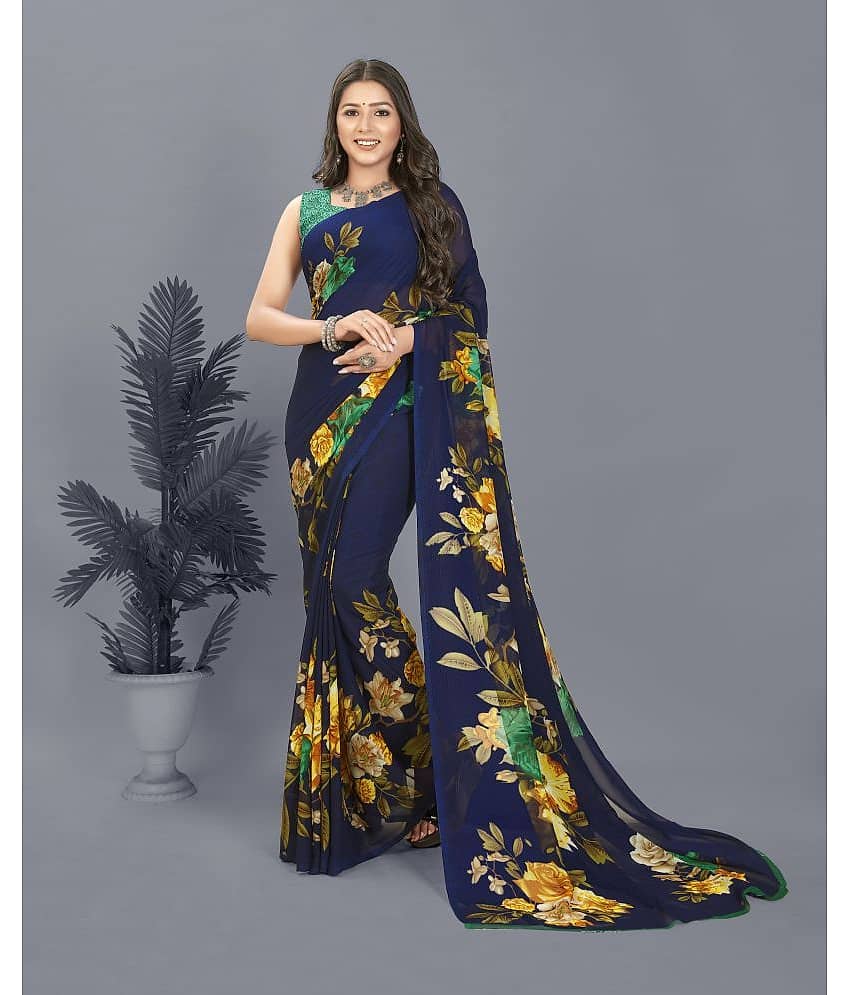 ANAND SAREES Georgette Printed Saree With Unstitched Blouse Piece ( Blue )