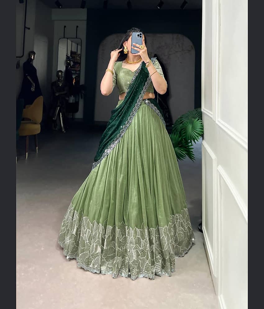 Aika Women Chiffon Flared Semi Stitched Lehenga Choli ( Green )