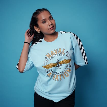 Indian Naval Aviation- Wings of Gold Blue Oversized T-Shirt-S