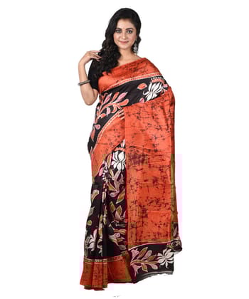 Black multicolor silk hand printed batik print saree