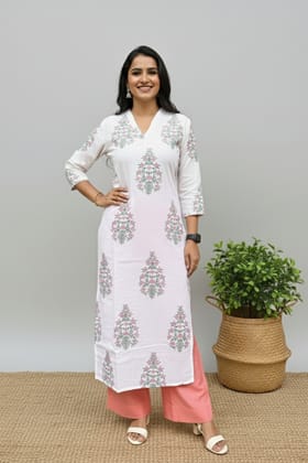 Rivaaj Ethnic Mughal Handblock Straight Kurta (M) | Pink Butta Print Cotton | Casual Ethnic Wear | Sanganeri Art