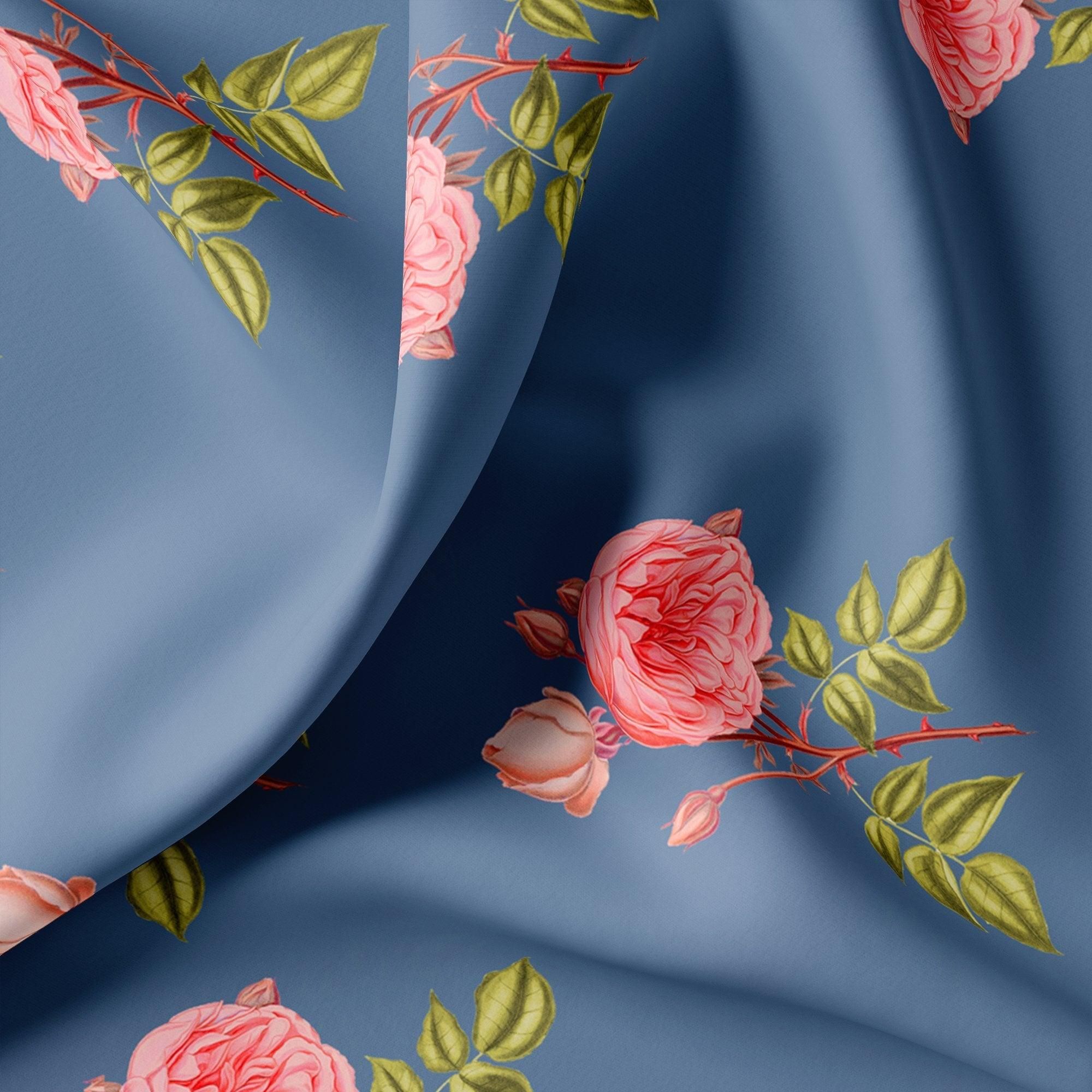 Red Rose Laying Over Blue Base Digital Printed Fabric-Polyester / Jam Satin / 108 CM