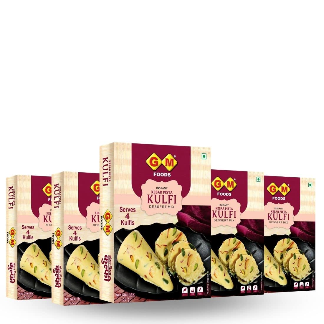 GM Foods Instant Kesar Pista Kulfi Dessert Mix Powder 100 Gram (Pack of 5) | Flavoured Milk Powder | With Badam & Pista Bits | Natural Taste & Flavour Ice Cream | No Artificial Colour & Preservatives