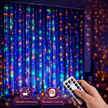 SPARKWORLD Multicolor LED Curtain Fairy Lights with Remote & USB | 8 Modes Decorative String Lights for Diwali, Christmas, Weddings & Home Decor (Pack of 1, 3x3 Meter)