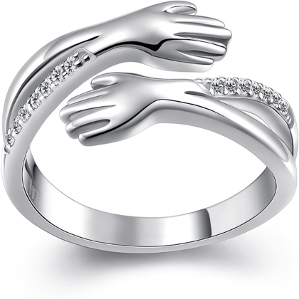 Silver Hugging Hand Promise Ring Cubic Zirconia Stones