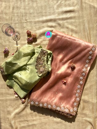 We call it a cocktail soft tissue silk saree with a flowy drape, paired with a Peter Pan collar blouse in matching tissue.-XS