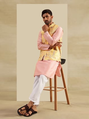 Men's Silk Blend Striped Pink Kurta with White Pyjama & Jacquard Silk Yellow Nehru Jacket-36