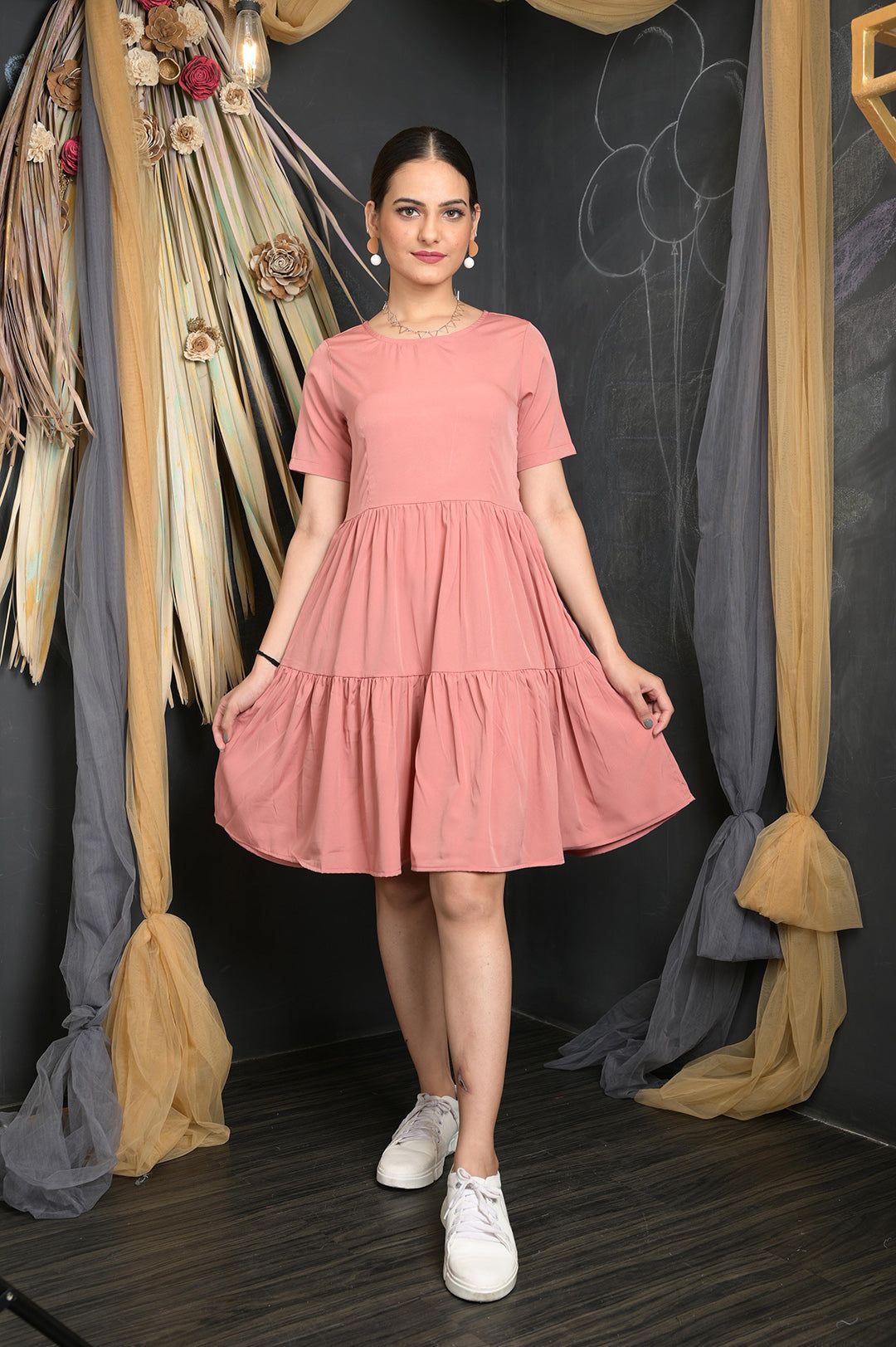 OWO THE LABEL Women Dress party Wear Dusky Pink Knee Length Tiered Dress (OTL-DRS1084)-Pink / S