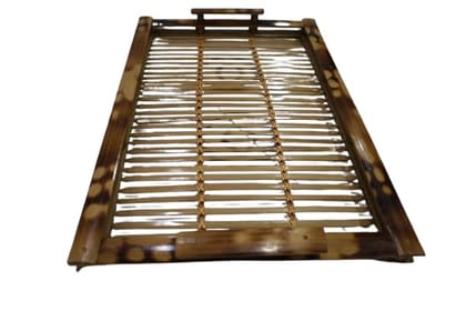 Bamboo Serving Tray with Handles, Decorative Slatted Design, Rustic Brown Finish