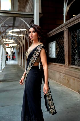 Black Color Ruffle Saree with Thread & Sequence Work (Color - Black) by SHIV TEXTILES