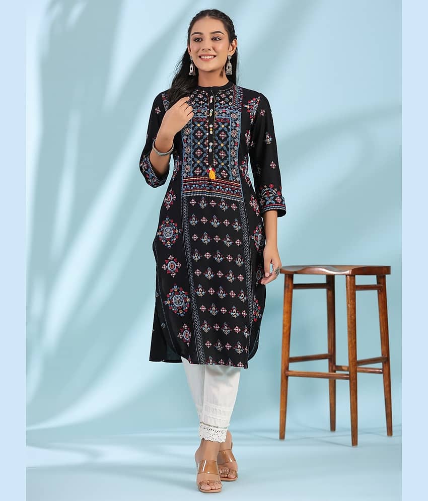 Juniper Pack of 1 Rayon Printed Straight Women's Kurti - ( Black )