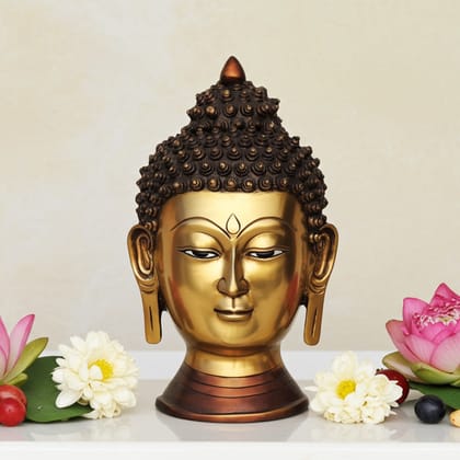 Brass Buddha Head Statue with Antique Finish - Vintage Showpiece, Height : 15 Inch (BSMAS581 A)