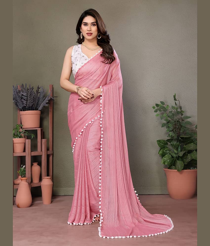 BLEESBURY Chiffon Striped Saree With Unstitched Blouse Piece ( Pink )