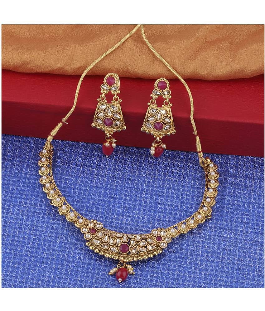 Silver Shine Exclusive Traditional Gold Plated Red Kundan stone studded Bead Drop Designer Bridal Wedding Necklace Jewellery Set for Girls And women