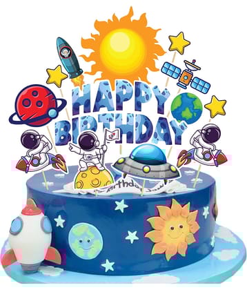 Zyozi 1 Set Space Rocket Spaceship Planet Astronaut and Spacecraft Cupcake Topper and Happy Birthday Cake Topper Decorations Supplies for Birthday Space Theme Party