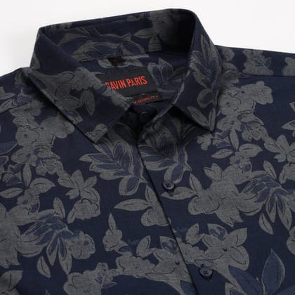 Navy Blue Floral Print Full Sleeve Shirt (GP145)-M-38 / Full Sleeve