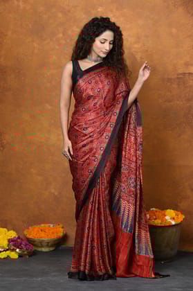 Handloom Modal Silk Saree With Ajrakh Handblock Print With Eco-Friendly Vegetable Dye~ Red