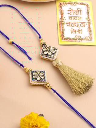 NVR Set of 2 Handmade Blue Kundan Studded Bhaiya Bhabhi Rakhi Set with Roli Chawal Chandan & Mishri-One Size / Blue