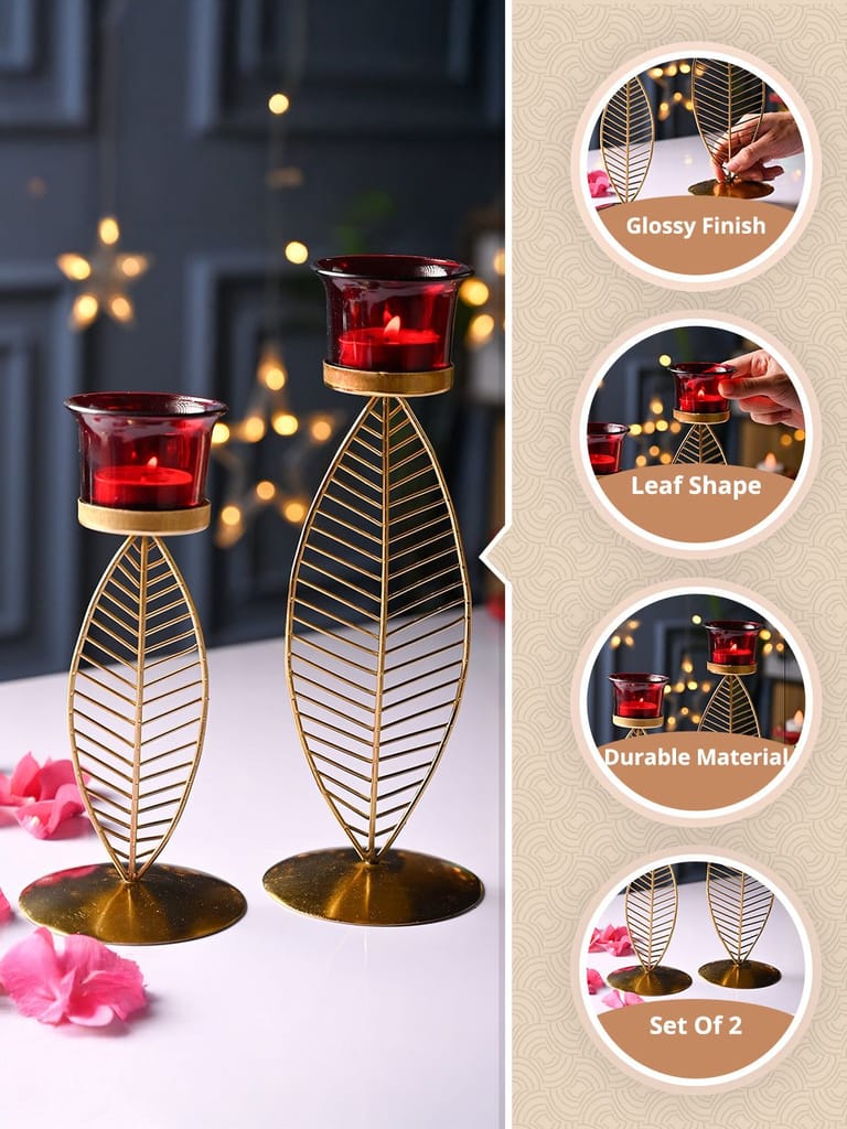 VON CASA Red Leaf Shape T-Light Holder - Set Of 2