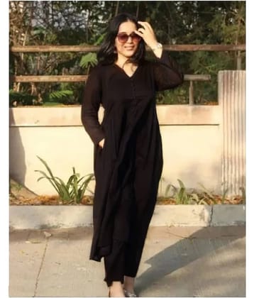 ETZIN Women Rayon Solid Flared Kurti With Pants ( Black )