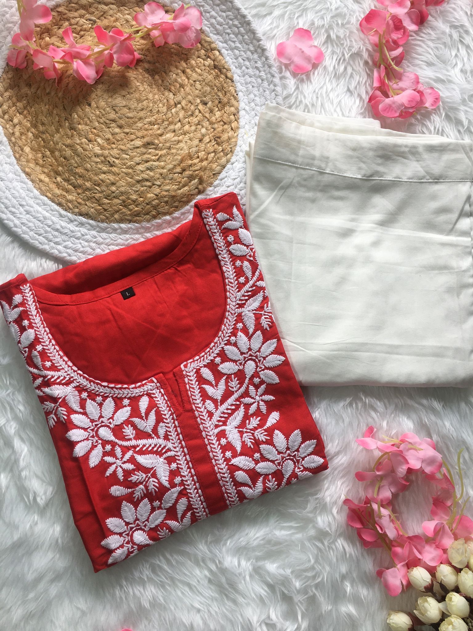 Red -  Sunflower Embroidery Design Kurti with Pant - Cord Set-44 - XXL