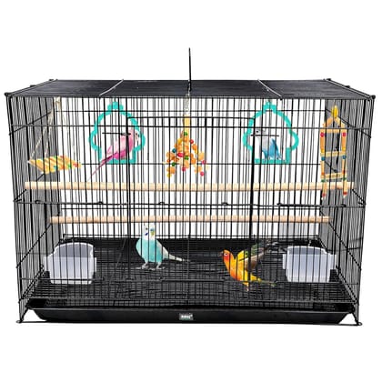 BURAQ 2 Ft Metal Birds Cage With 3 Swing Bird Toys - Best For Love Bird Cages | Parrot | Parakeet | Hammock | Large Bird Cage (Size - 23.5" Long, 16.5" Wide And 16" Height), Black