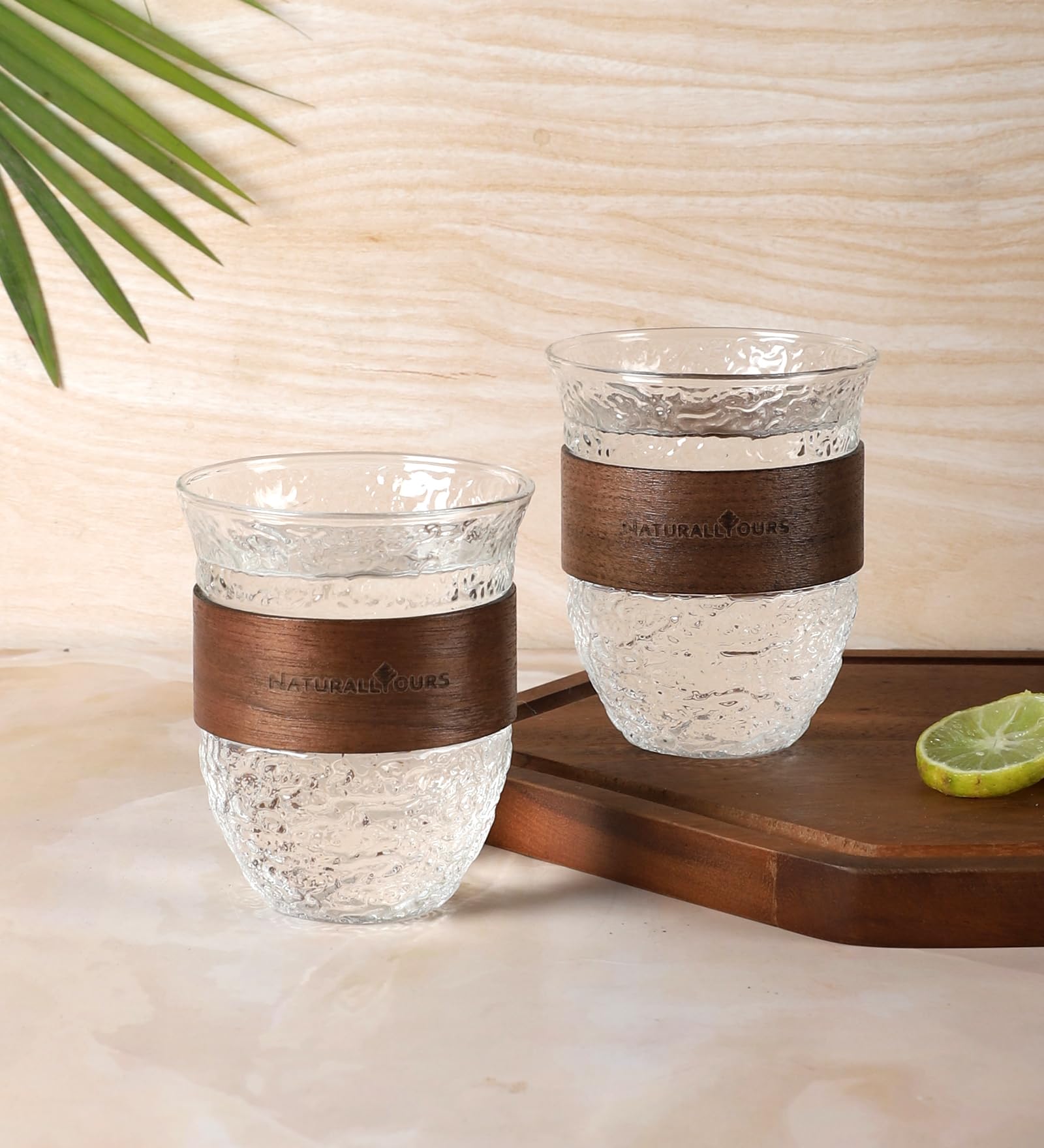Naturallyours Glasswares  - Round Mug 280 ML + Wooden Grip (Set of 2)