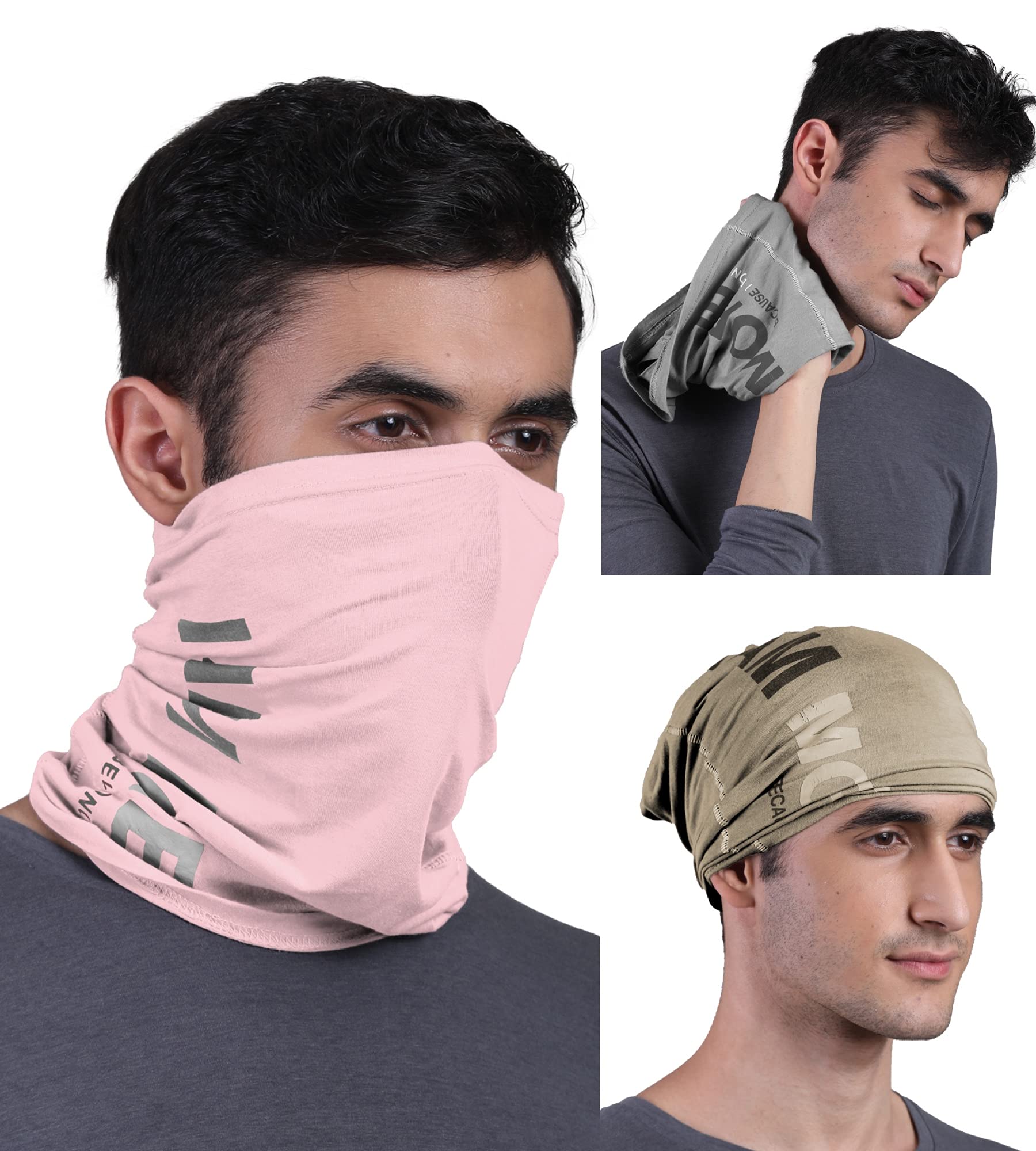 FREECULTR Unisex Bamboo Bandana, Anti Microbial Super Soft & Comfort Fit, Breathable Multipurpose Headband - Printed Pack of 3-Beach Sand,Charcoal,Pastle Peach