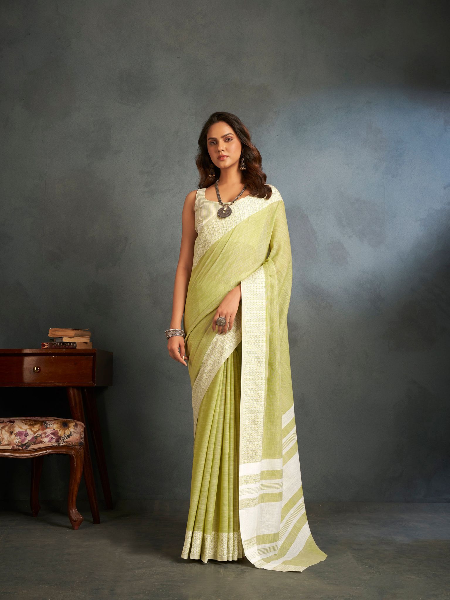 Light Yellow Chikankari soft linen Saree
