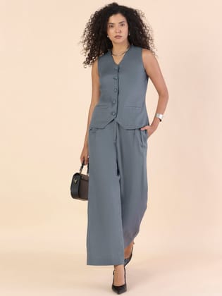 Grey Casual Chic V neckline Button Closure Vest With Double Pleated relax-Fit co-ords-XS