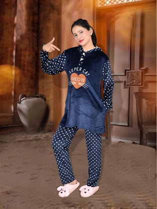 Imported Winter Nightsuite Heavy Stuff Dress for Girls(Navy)-L