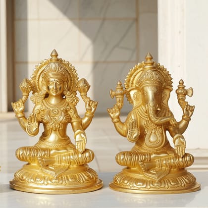 Brass Laxmi Ganesh Pair Statue | Premium Diwali Puja God Idol, Height : 7 Inch (BSMAS1025)