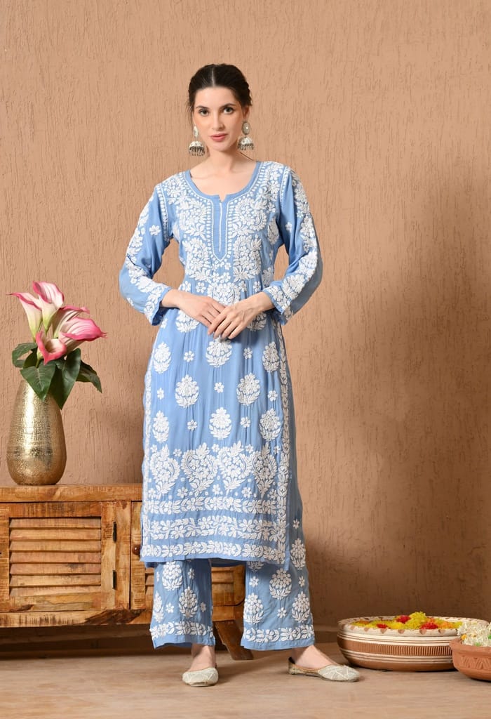 Hand Embroidered Chikankari Modal Plazo Set with 3D Work – Ethnic Wear Powder Blue