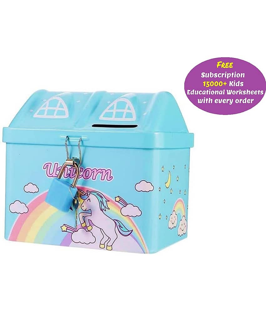 Shape Unicorn Printed Metal Coin Bank Piggy Bank for Kids with Lock(Blue) (Free subscription of kids Educational worksheets)