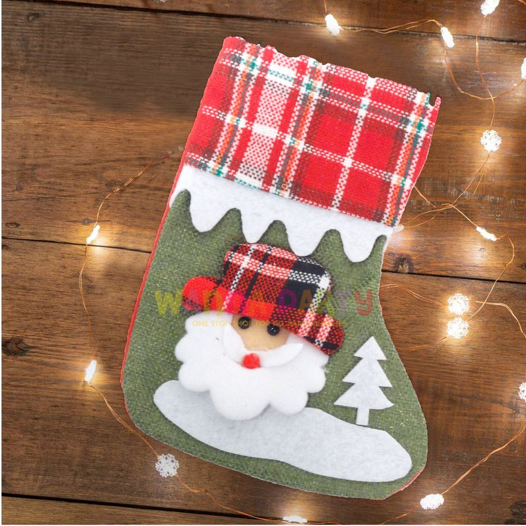 Red & White Chequred Christmas Stockings with Christmas Tree Santa
