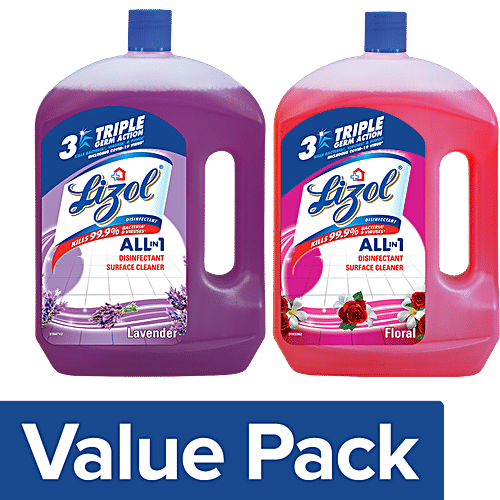 Lizol Disinfectant Surface & Floor Cleaner Liquid - Combo Lavender & Floral, 2 l (Pack of 2)