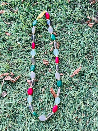 TULIP Traditional Artisians' Upliftment Livelihood Program Handcrafted Multicolor Gemstone Beaded Necklace, Green Red Grey Jade, Gold-Plated Clasp, Oval Stone Design