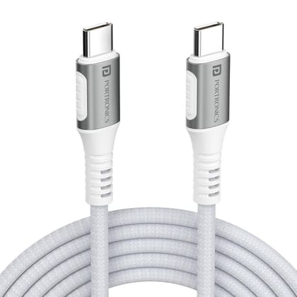 Portronics Konnect Y - Type C to Type, 1.5M Type C to Type C Cable, 60W Max Output, Strong Braided, Metal Head (White)