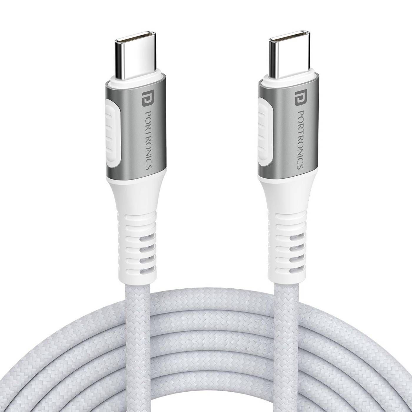 Portronics Konnect Y - Type C to Type, 1.5M Type C to Type C Cable, 60W Max Output, Strong Braided, Metal Head (White)