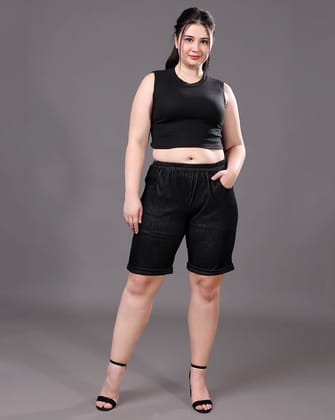 Black Solid Denim Shorts-L / Black