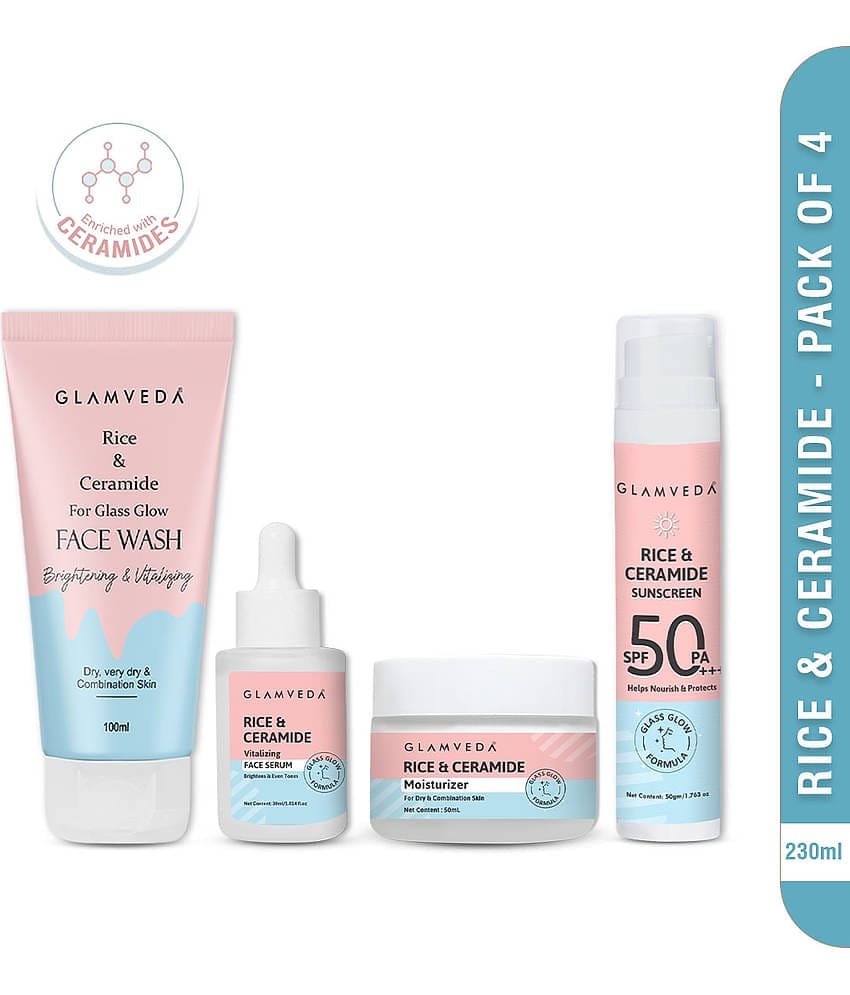 Glamveda Korean Glass Skin Rice & Ceramide Morning 4 Step Skincare Routine For Women with Gift&nbsp;Box | Face Wash, Serum, Moisturizer & Sunscreen